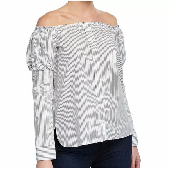 NWT BAILEY 44 Sovereign Off-The-Shoulder Striped Poplin Shirt Sz M - Picture 1 of 9